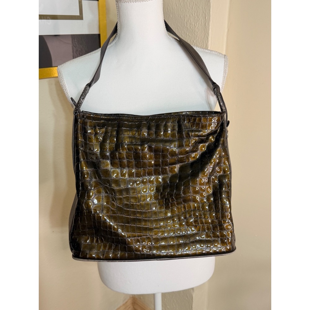 Brighton Croc Embossed Patent Leather Shoulder Bag Bronze Brown D313055
